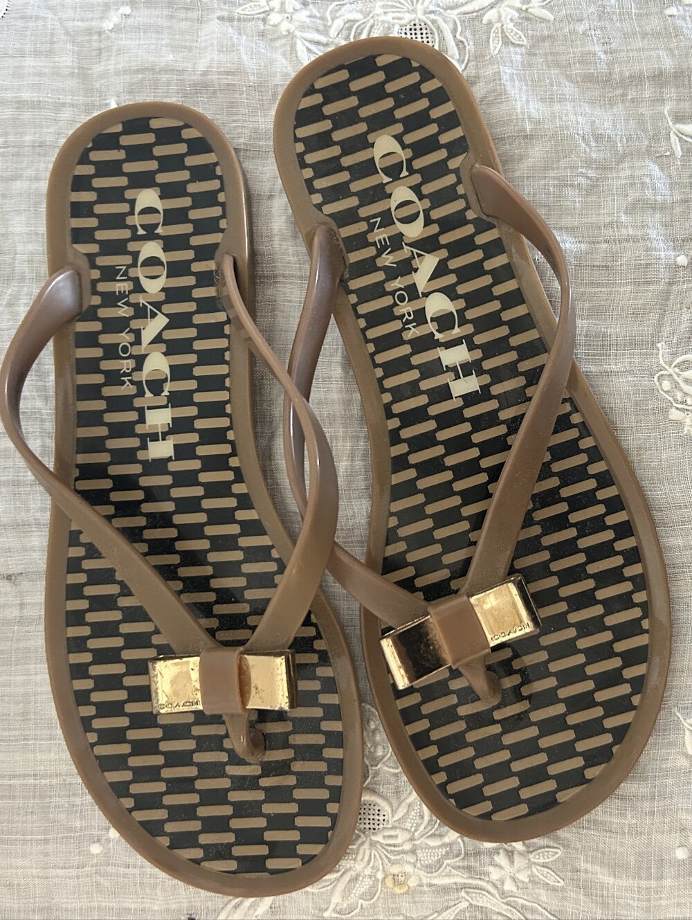 Coach Brown Sandal Flip Flops with Gold Bow Accents